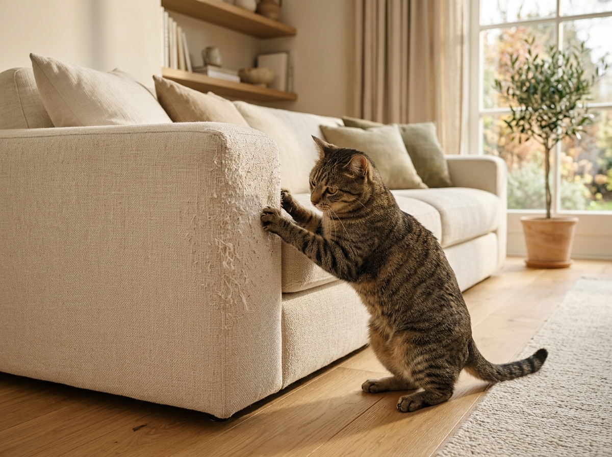 Cat scratching a sofa